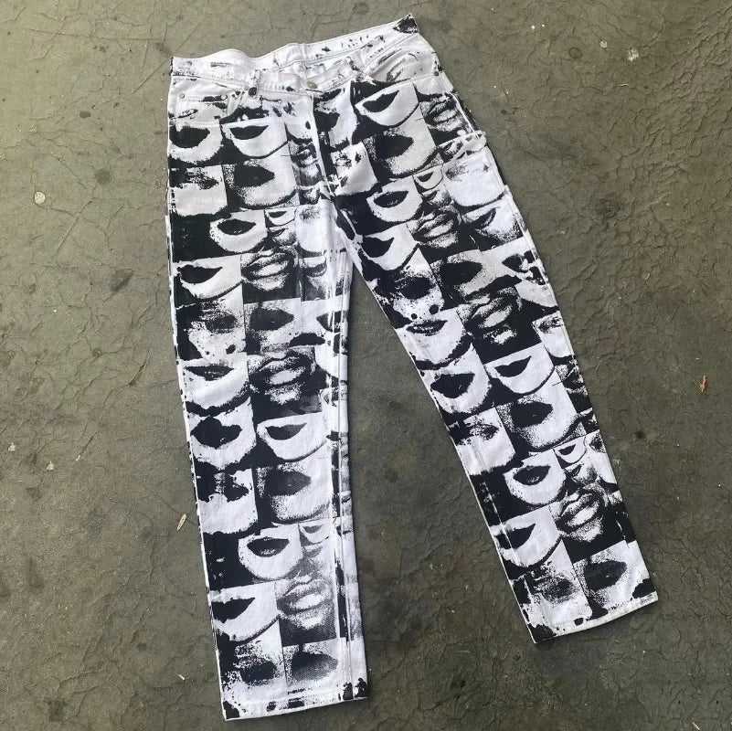 Jeans Hip Hop Talle Alto con Estampado de Caricaturas – Pantalones Y2K Oversize Pierna Ancha Unisex Estilo Rock Streetwear