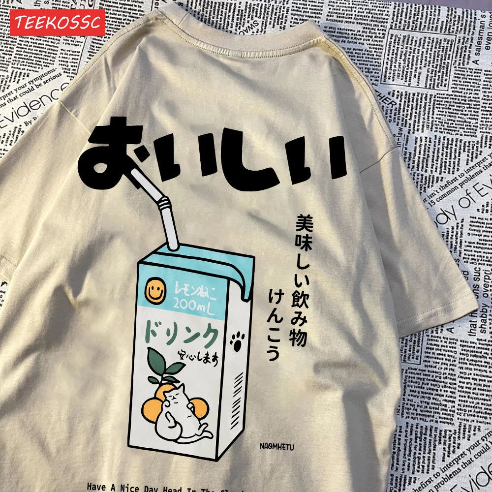 Camiseta Oversize Unisex Algodón | Estampado Japonés Gatito Harajuku Casual Verano