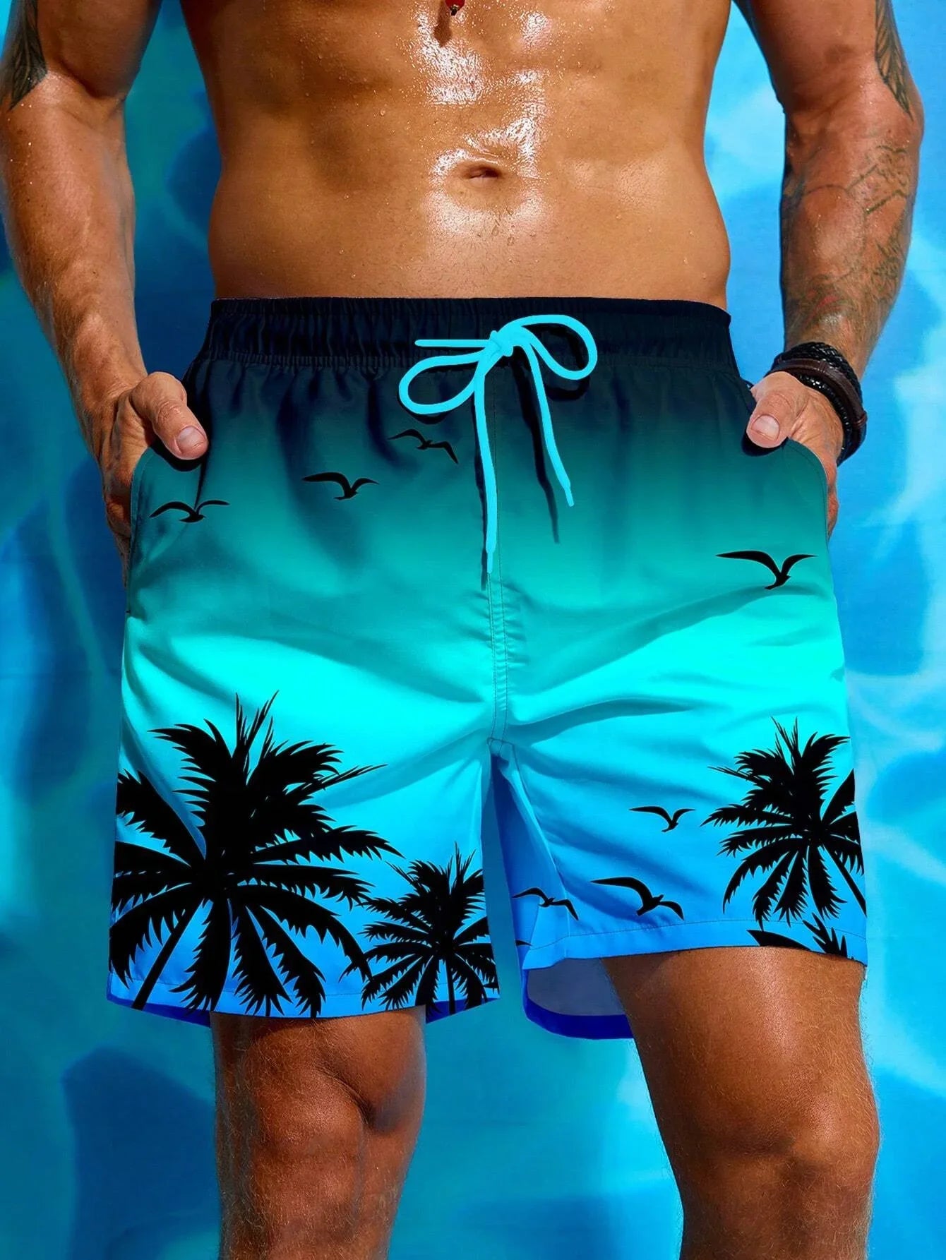 Pantaloneta de Playa para Hombre con Estampado de Palmeras 3D – Shorts de Baño con Cordón Ajustable, Verano Surf y Natación
