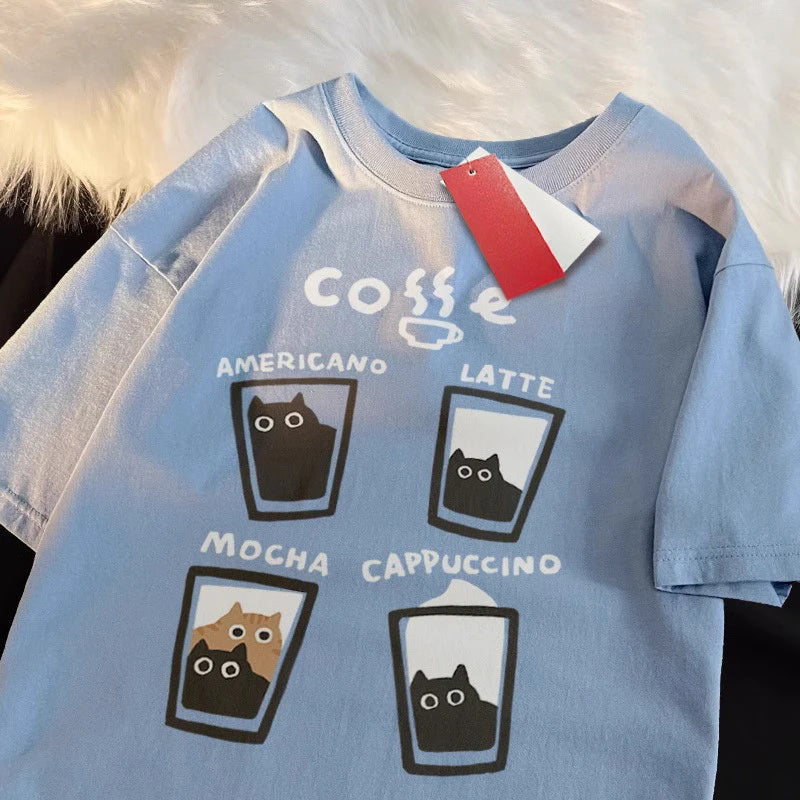 Camiseta Oversize Unisex | Estampado Gatito Café Crema Verano Streetwear