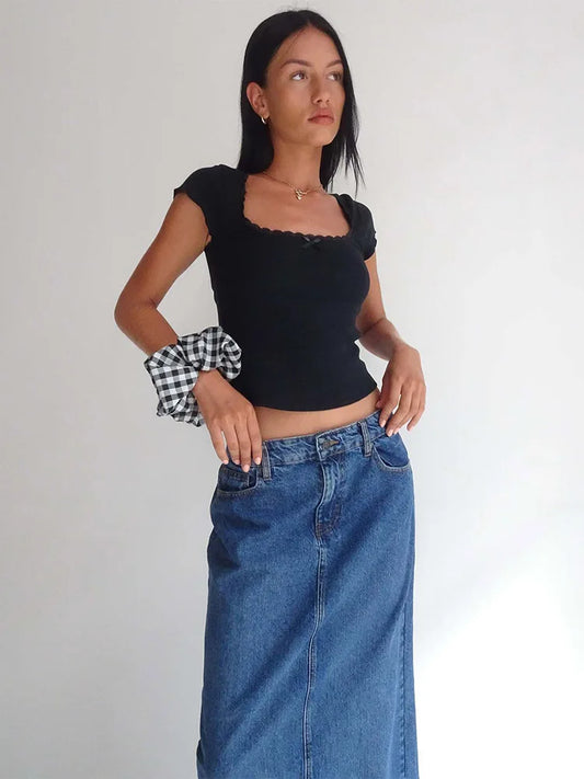 Baby Tee Y2K Vintage Mujer | Camiseta Corta Cuello Cuadrado Encaje Manga Corta Verano