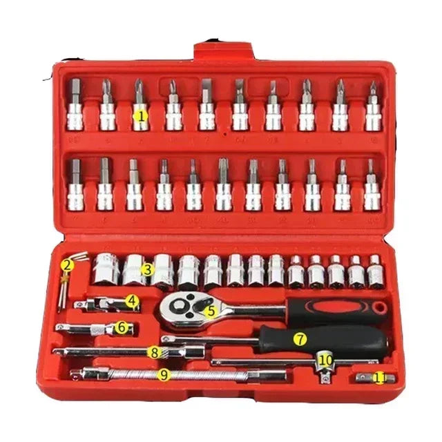 46/53pcs Juego de Dados y Llaves de Trinquete 1/4” – Kit de Herramientas Mecánicas para Reparación de Autos