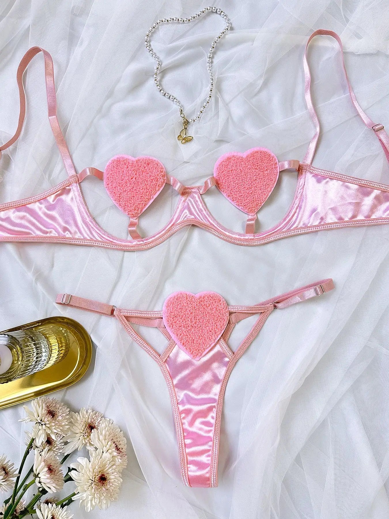 Conjunto Lencería Mujer 2025 | Cropped Rosa Sexy de Tres Piezas Estilo Novia
