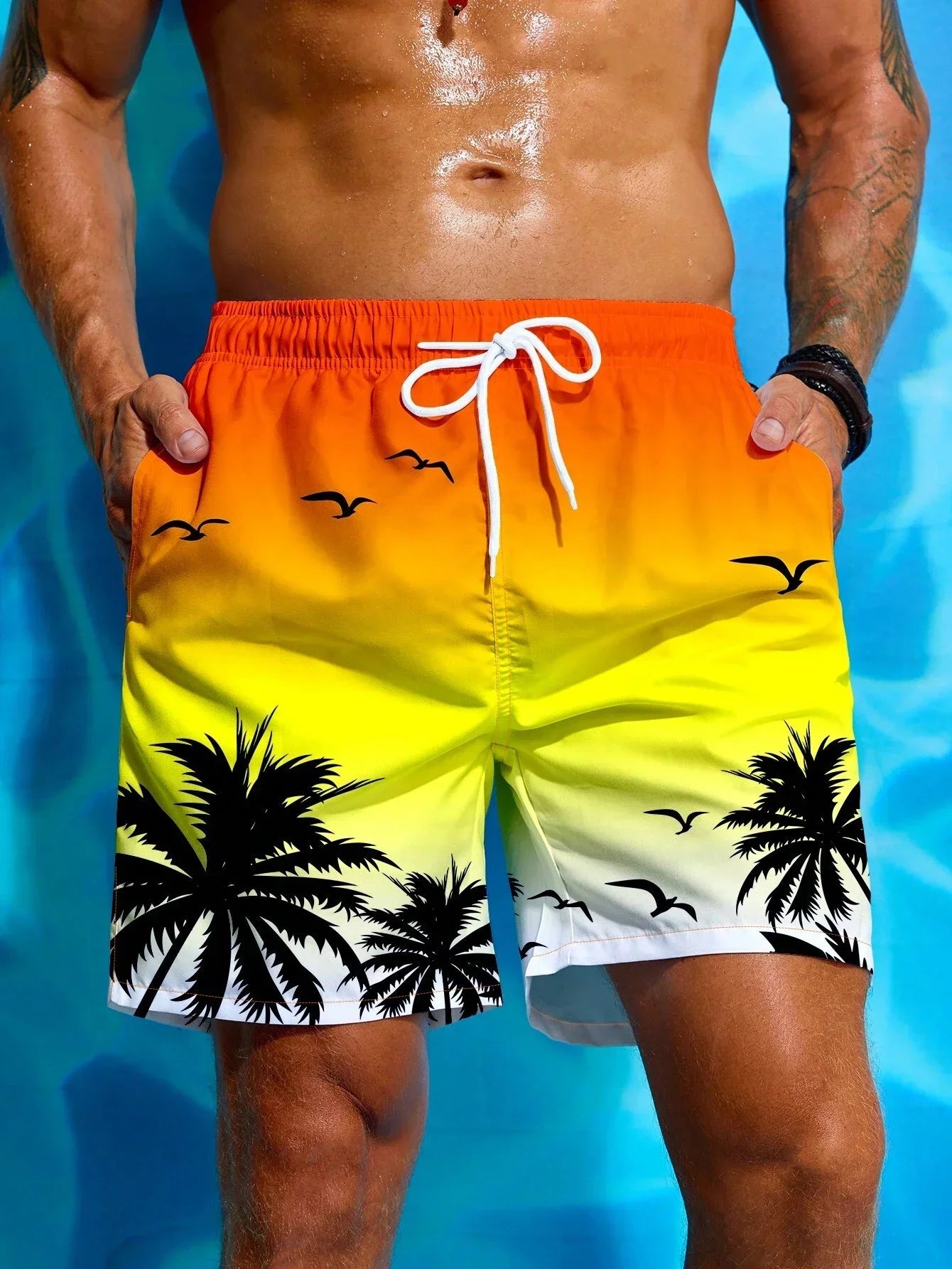 Pantaloneta de Playa para Hombre con Estampado de Palmeras 3D – Shorts de Baño con Cordón Ajustable, Verano Surf y Natación