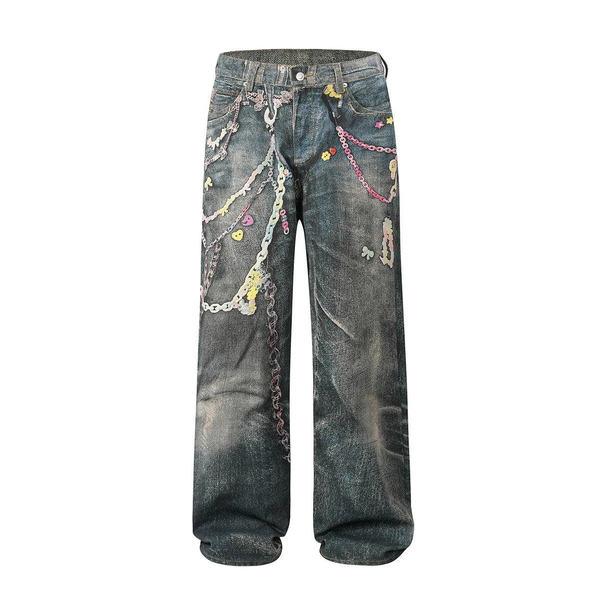 Jeans Vintage con Estampado 3D de Cadenas – Pantalones Baggy Unisex Harajuku Rectos Oversize Cargo Denim Lavado