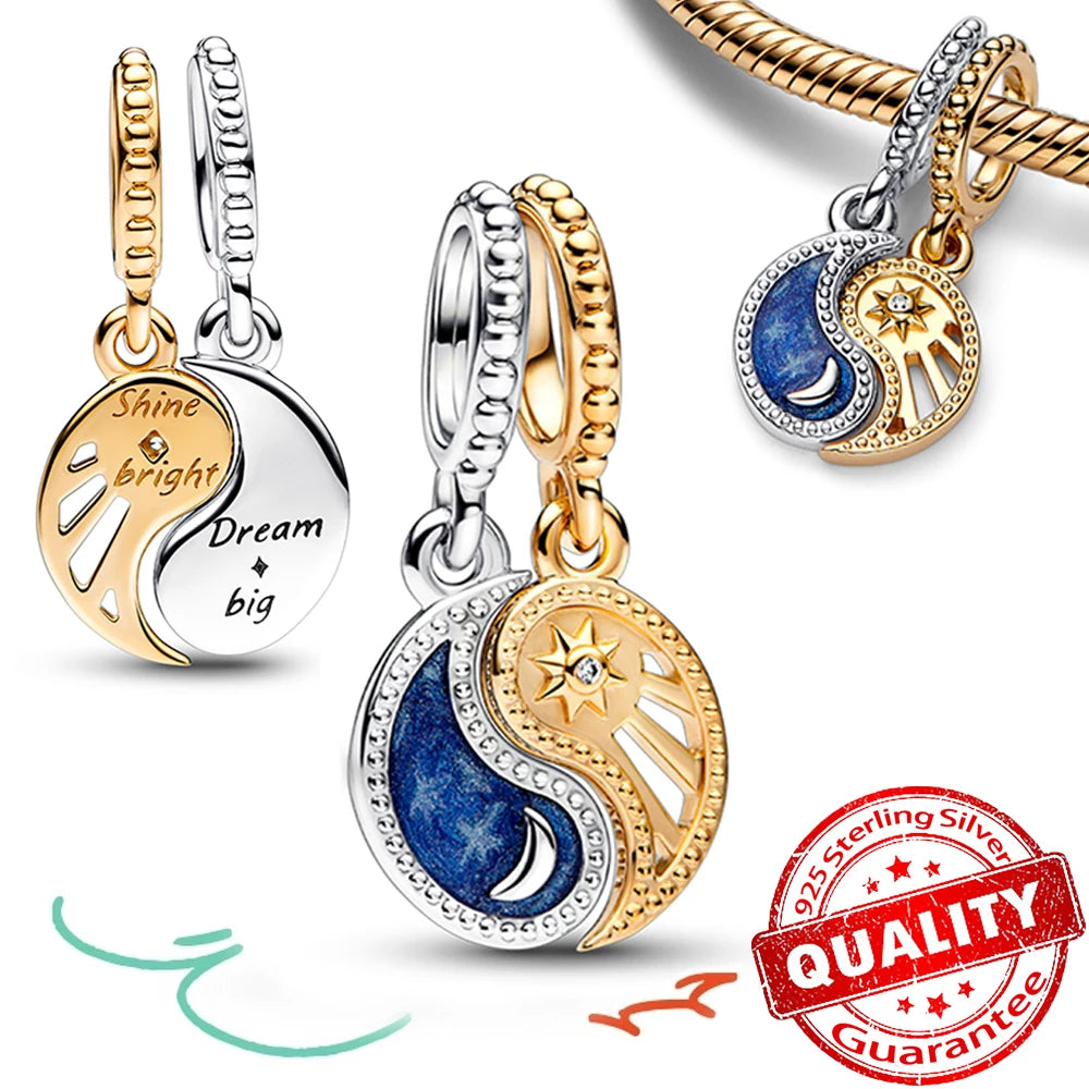 Charm Plata 925 Colgante Colorido Sol Luna Estrellas | Dije Compatible Pandora Pulsera y Collar Mujer