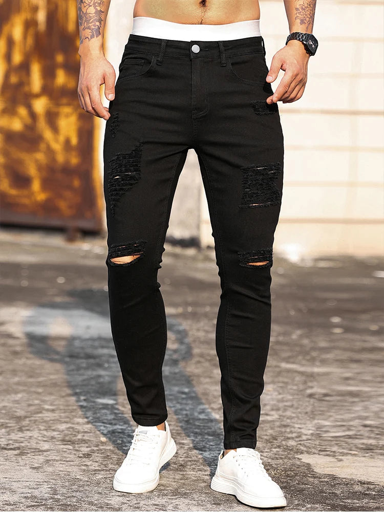 Jeans Negros Ajustados Hombre | Pantalón Skinny Ripped Stretch Moda Streetwear Club 2025