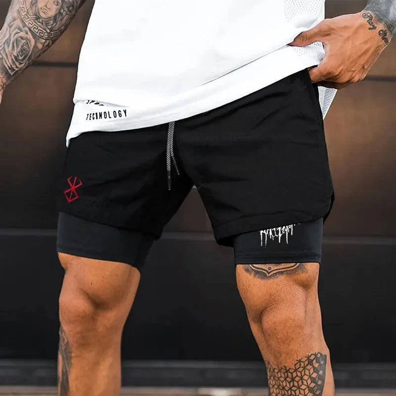 Shorts Deportivos de Verano para Hombre – Fitness, Gym y Jogging, 2 en 1, Estampado Demonio, Secado Rápido y Outdoor Sports