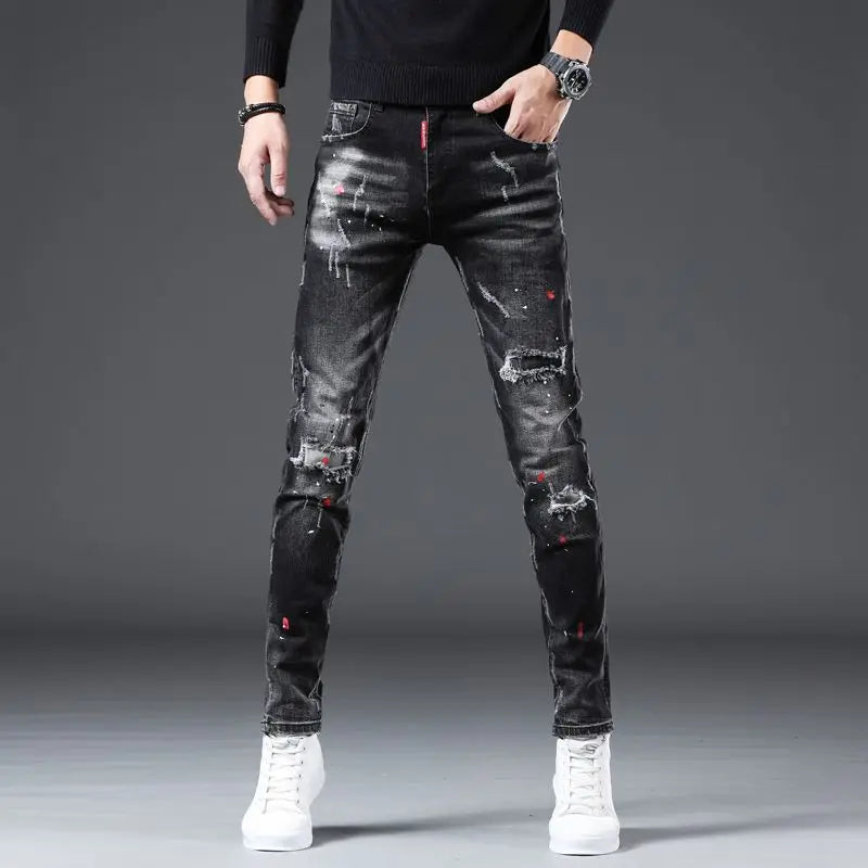 Jeans Slim Hombre Ripped Pintura | Pantalón Vaquero Streetwear Lujo Primavera Otoño 2025