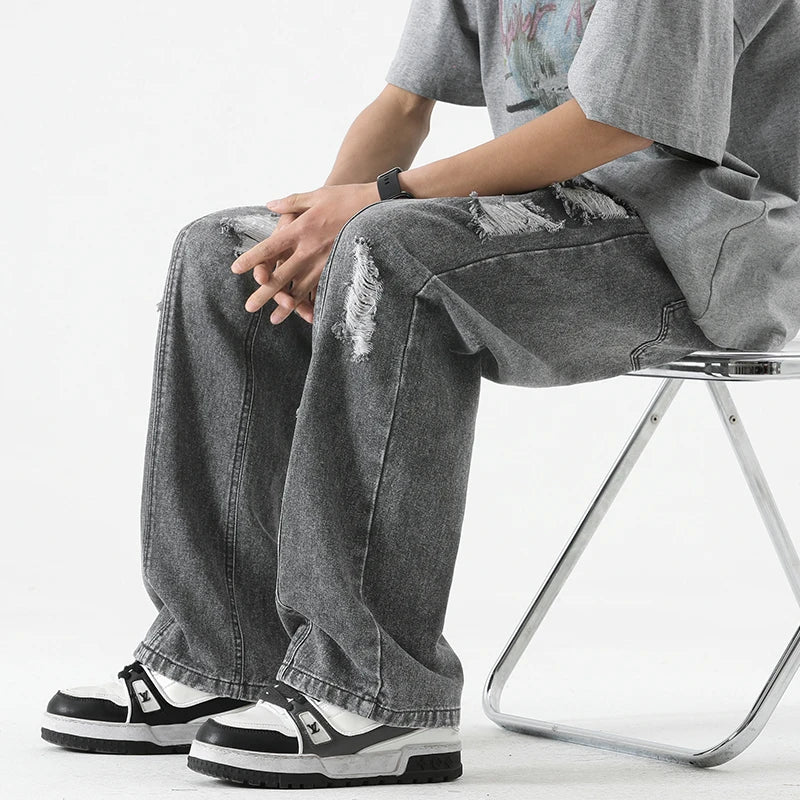 Jeans Hombre Verano Rasgados Rectos | Pantalones Vaqueros Sueltos Retro Cordón Ajustable Streetwear