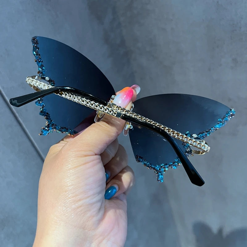 Gafas de Sol Mariposa Diamante Mujer | Vintage Y2K Oversized Rimless Eyewear de Lujo