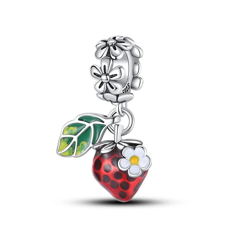 Charms de Plata 925 Frutas (Fresa, Cereza, Manzana y Aguacate) – Abalorios Coloridos para Pulseras Originales