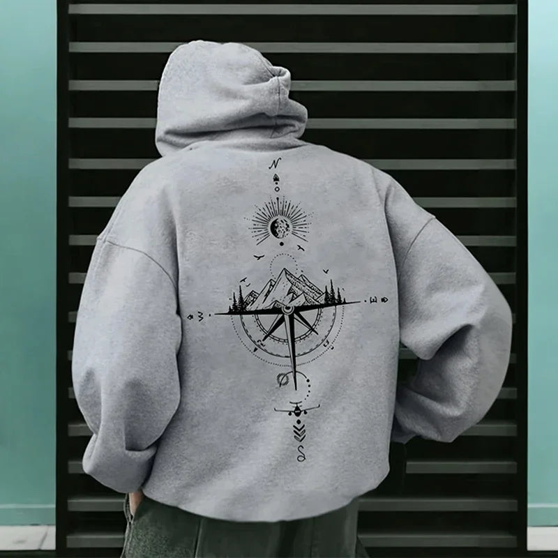 Hoodie Vintage Brújula – Sudadera con Capucha Hombre, Manga Larga, Estilo Casual Deportivo