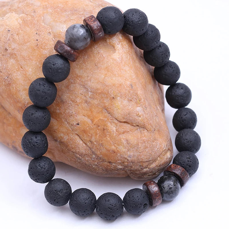 Pulsera de Piedra Volcánica y Madera – Estilo Tibetano con Cuentas, Unisex, Joyería de Energía y Equilibrio