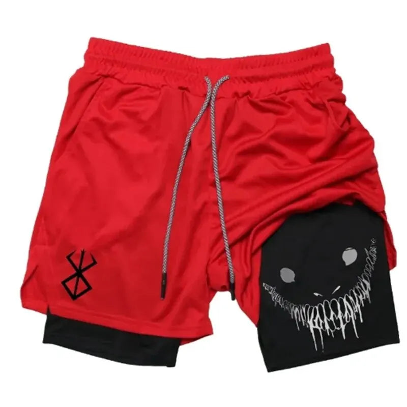 Shorts Deportivos de Verano para Hombre – Fitness, Gym y Jogging, 2 en 1, Estampado Demonio, Secado Rápido y Outdoor Sports