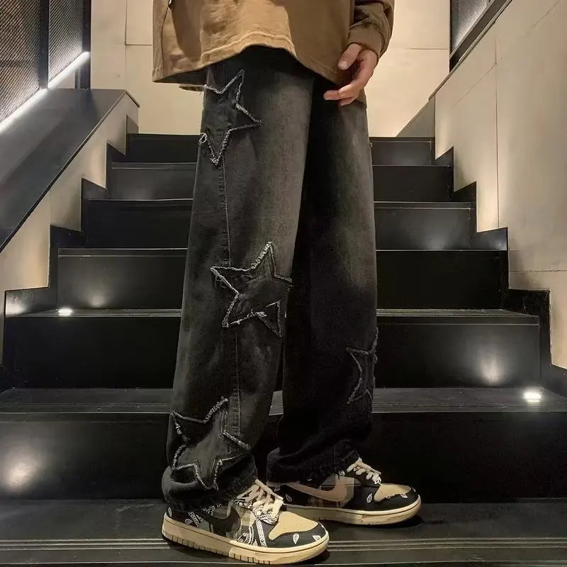 Jeans Hombre Bordado Estrella | Pantalones Rectos Anchos Hip Hop Streetwear Y2K Juvenil Unisex