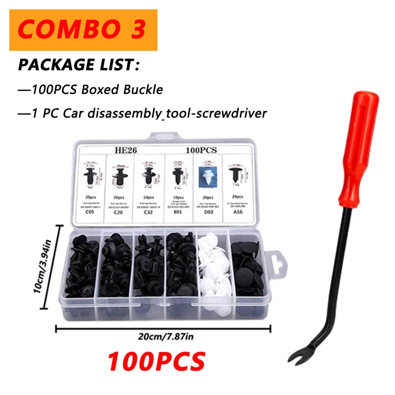 Kit 100 Clips Sujetadores Plásticos para Carro | Remaches Universales Puerta, Parachoques, Guardabarros + Herramienta