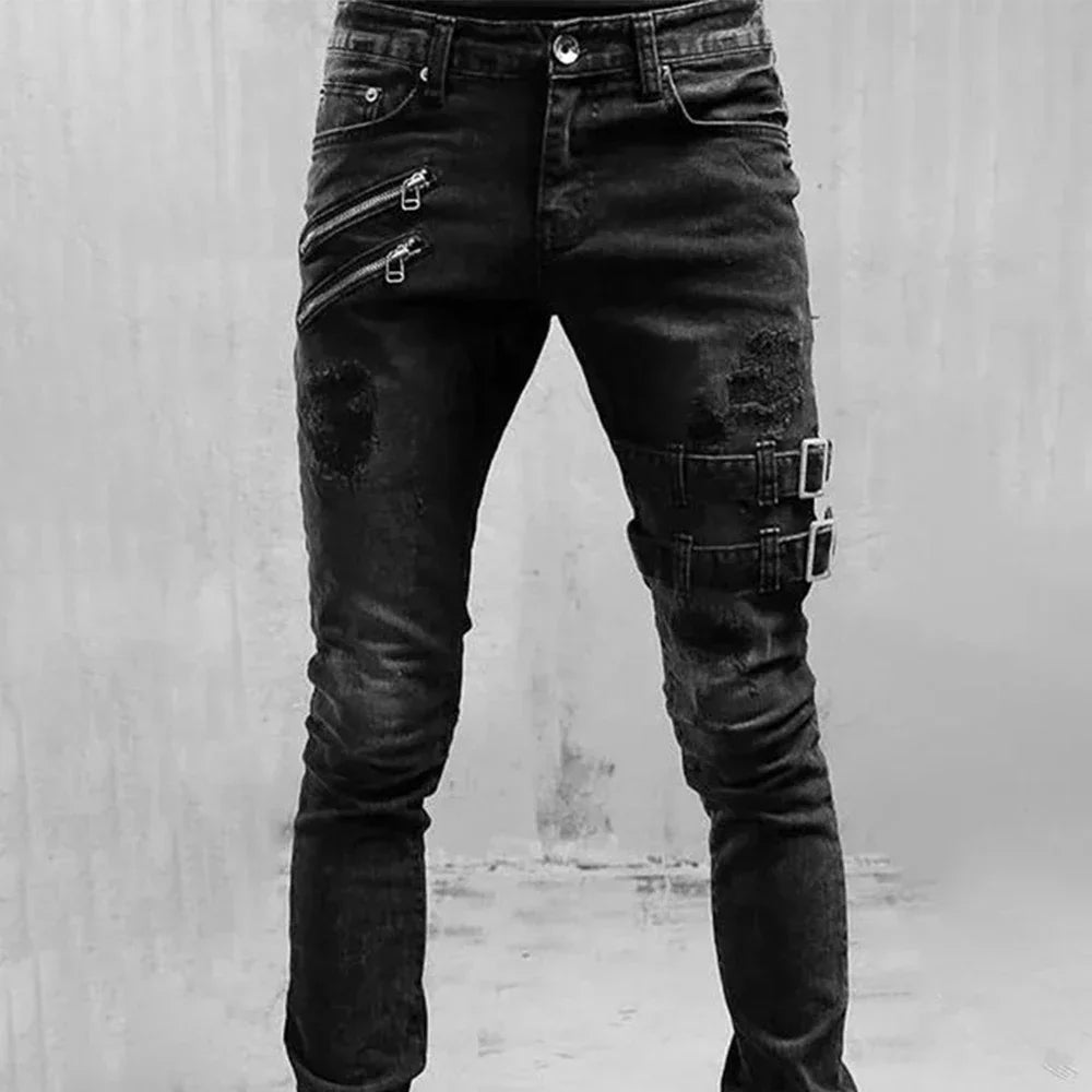 Jeans Biker Slim Fit para Hombre – Pantalones Rotos de Denim Negro con Cremallera, Stretch y Estilo Hip Hop Oversize