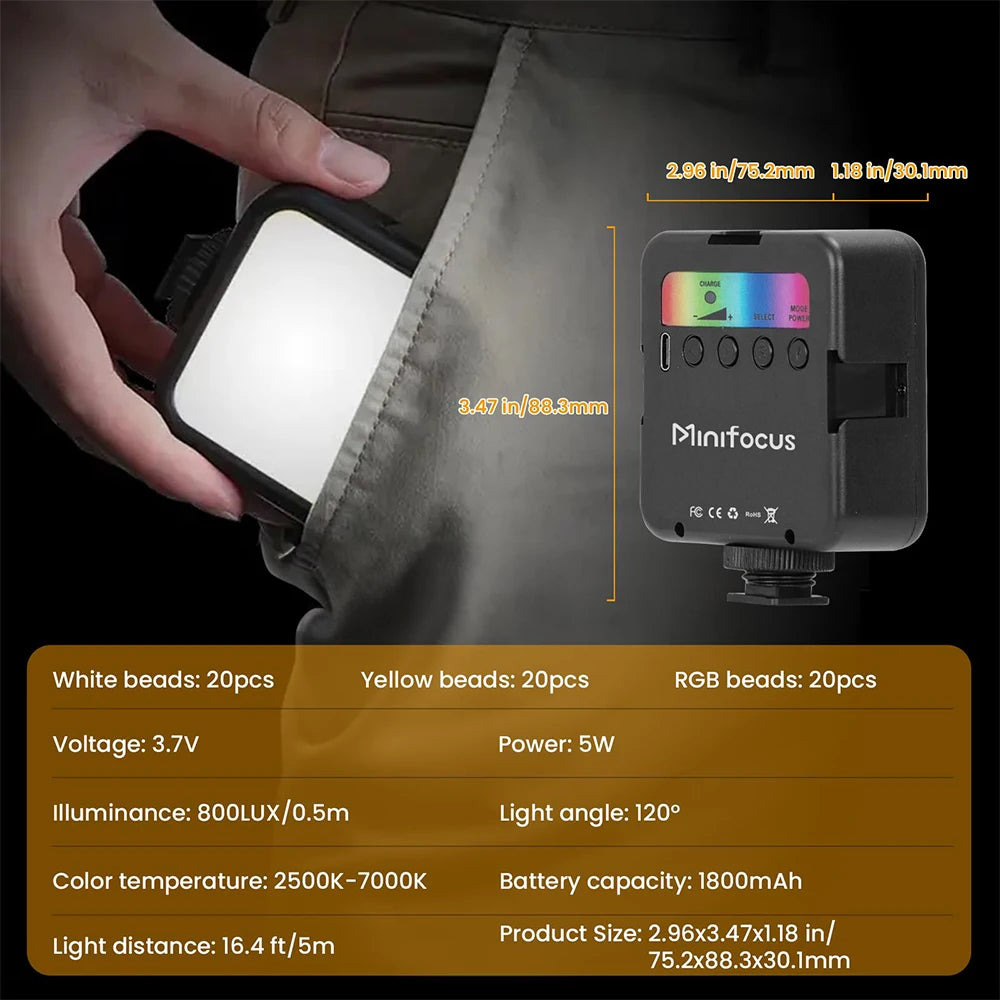 Mini luz LED RGB portátil – Luz de relleno para cámara, smartphone, GoPro y laptop, 2500K-7000K, recargable con 3 soportes Cold Shoe