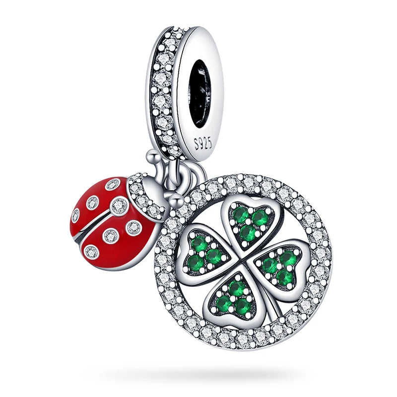 Charm de Plata S925 Mariquita de Siete Puntos y Trébol de la Suerte – Abalorio Colorido y Brillante para Pulseras Originales