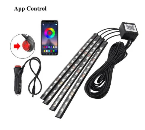 Kit de Luces LED Neón RGB para Interior de Coche | Tiras Decorativas con Control Remoto, App y Modo Música