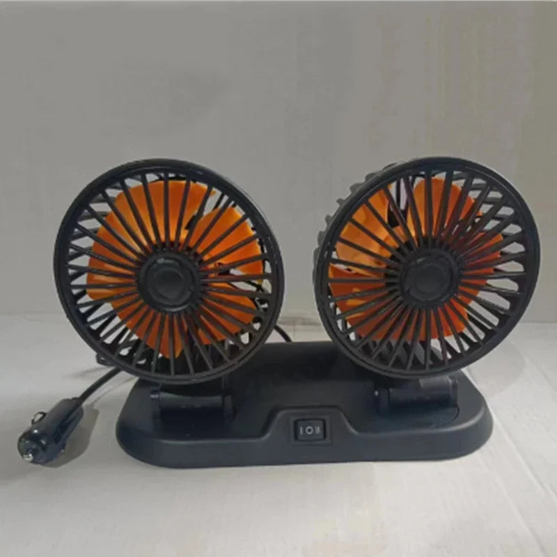 Ventilador de Coche Multi-Voltaje | Doble Cabezal USB Enfriador | 2 Velocidades Ajustables | Compatible 5V/12V/24V | Ventilación Automática