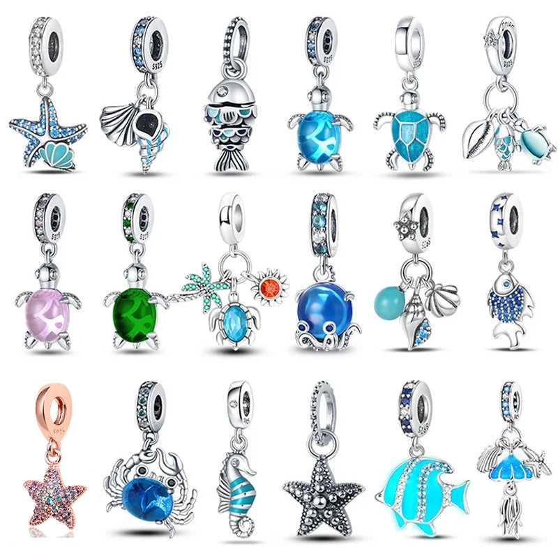 Charm Serie Océano en Plata 925 – Abalorios Tortuga, Cangrejo y Sirena para Pulsera Original Mujer