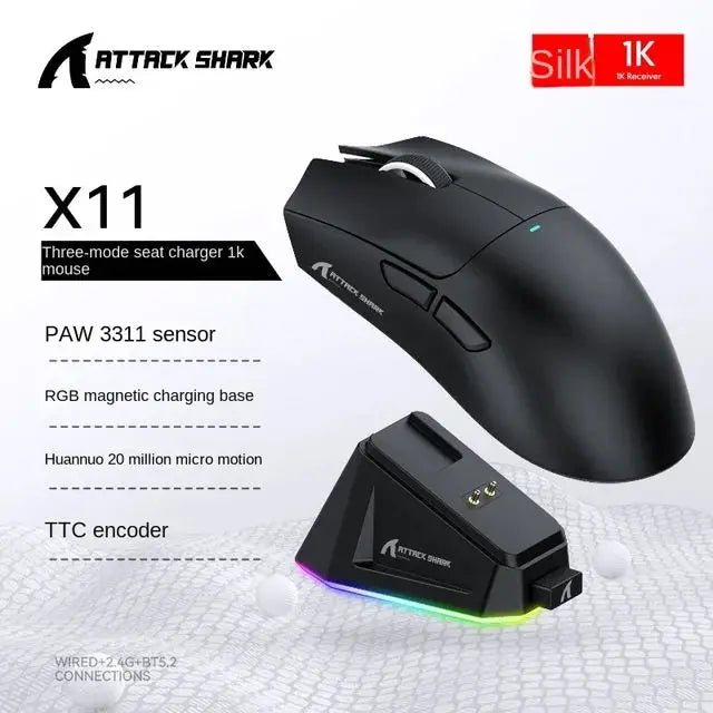 Attack Shark X11 Gaming Mouse – Tri-Mode (Bluetooth/2.4G/USB) con RGB, Dock de Carga Magnético y Sensor PAW3311