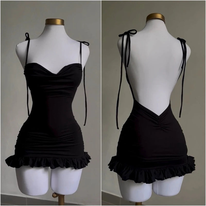 Vestido Corto Sexy Mujer 2024 | Estilo Y2K Ajustado con Espalda Abierta y Lazo
