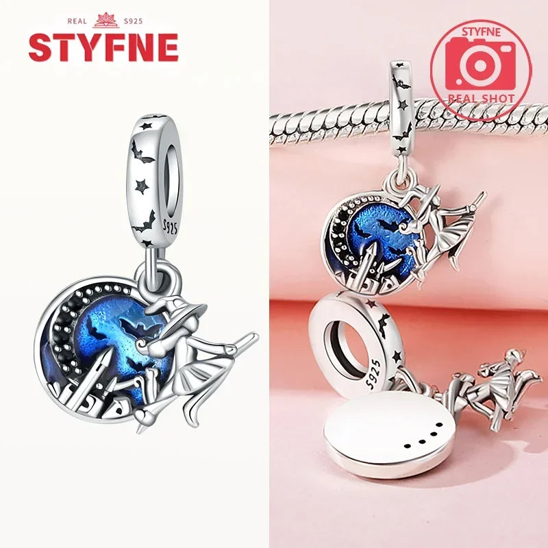 Charm Colgante de Halloween Plata 925 | Bruja Mágica con Efecto Luminoso para Pulsera Original