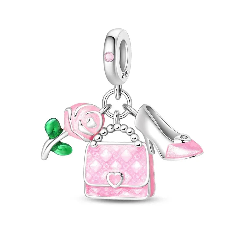 Charm Plata 925 Colgante Rosa Mariposa Corazón Flor Pájaro | Dije Para Pulsera Pandora Compatible