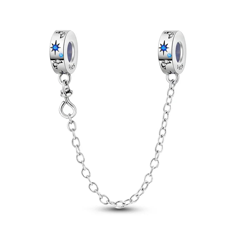 Charm de seguridad en plata 925 – Serie copo de nieve, luna, estrella, corazón y moño para pulseras tipo Pandora