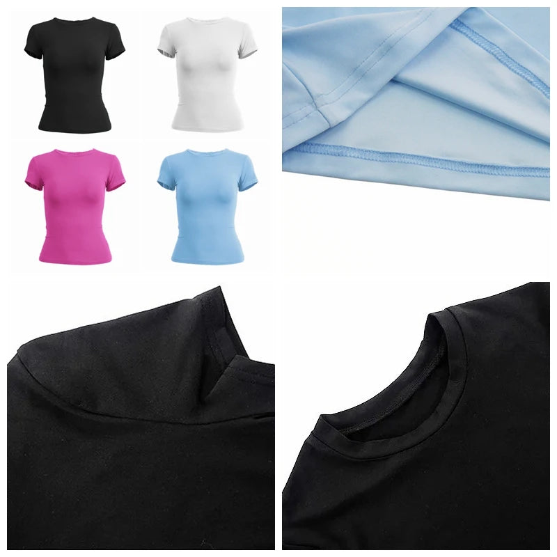 Camiseta Mujer Slim Fit 2024 | T-shirt Tejida de Manga Corta O-Neck Estilo Y2K Casual y Deportiva