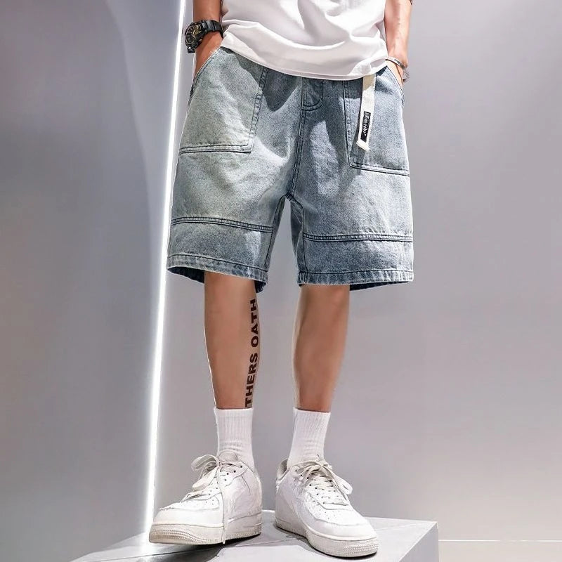 Light Blue Loose Bermuda Short Jeans Pants for Men Original Y2k Fashion Summer Popular Cut Distressed New In Xl Man Denim Shorts