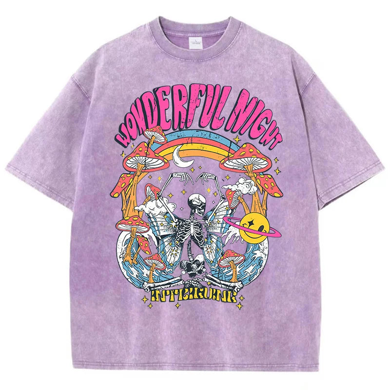 Camiseta Oversize Mujer Vintage | Estampado Esqueleto Mariposa Olas Streetwear