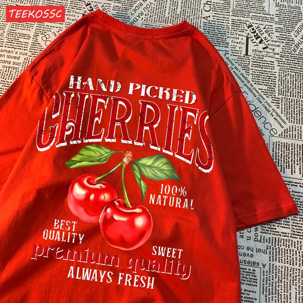 Camiseta Oversize Mujer Verano | Algodón Estampado Limones y Cerezas Casual