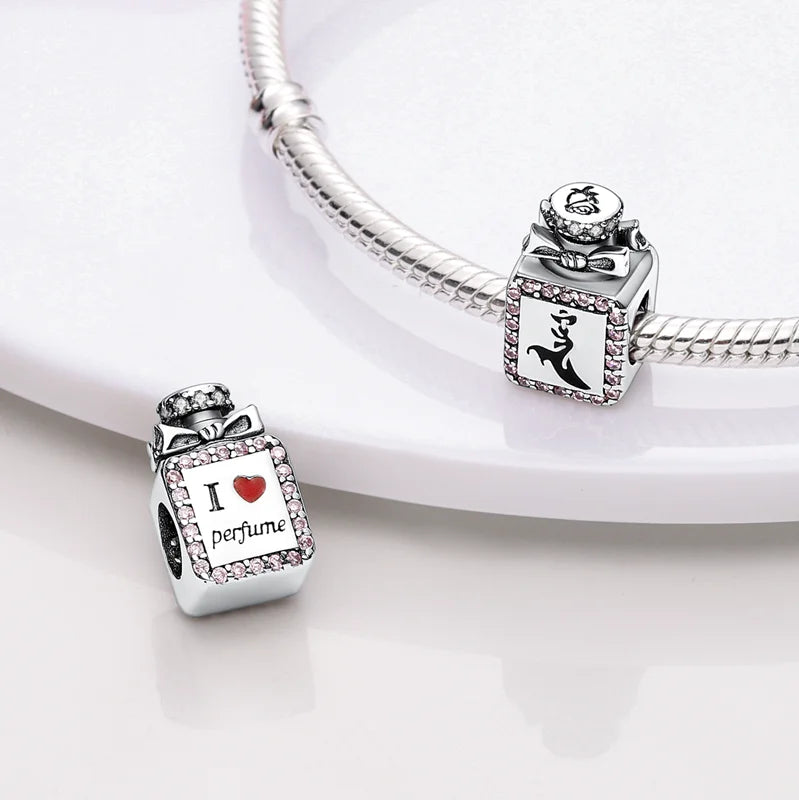 Charm Botella de Perfume en Plata 925 con Corona Rosa – Abalorio Romántico para Pulseras Tipo Qikaola, Regalo San Valentín