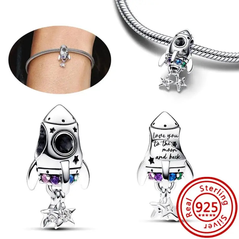 Charm Espacio y Galaxia en Plata 925 – Abalorios Astronauta, Planeta y Estrellas para Pulsera Original Mujer