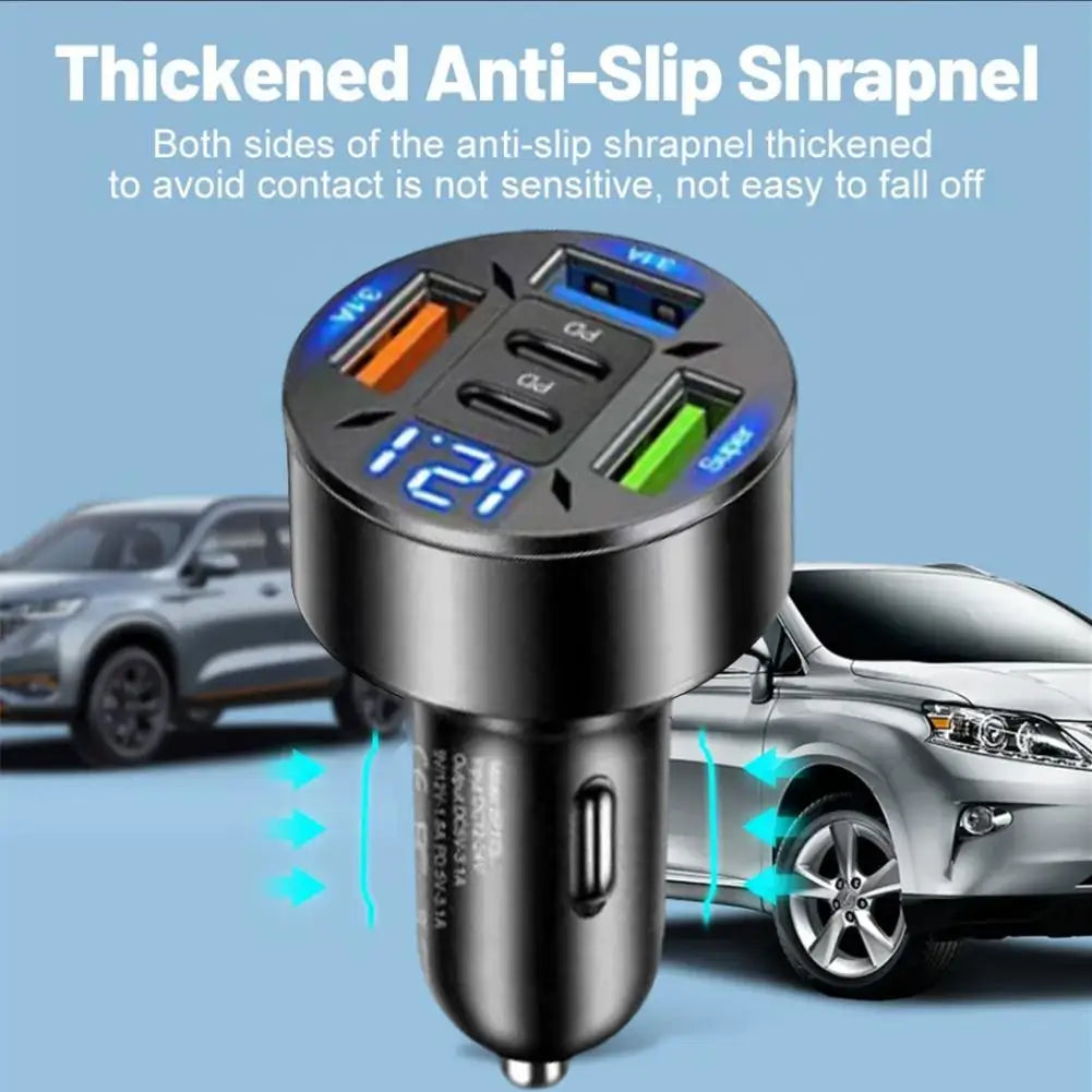 Cargador de Auto 250W 5 Puertos USB C PD QC3.0 – Carga Rápida para iPhone y Smartphones