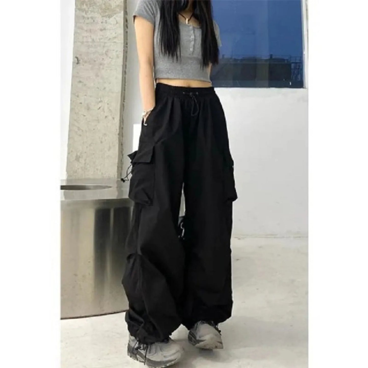 Pantalones Rectos Harajuku Mujer | Streetwear Negro Multi-Bolsillos Cintura Alta Pierna Ancha