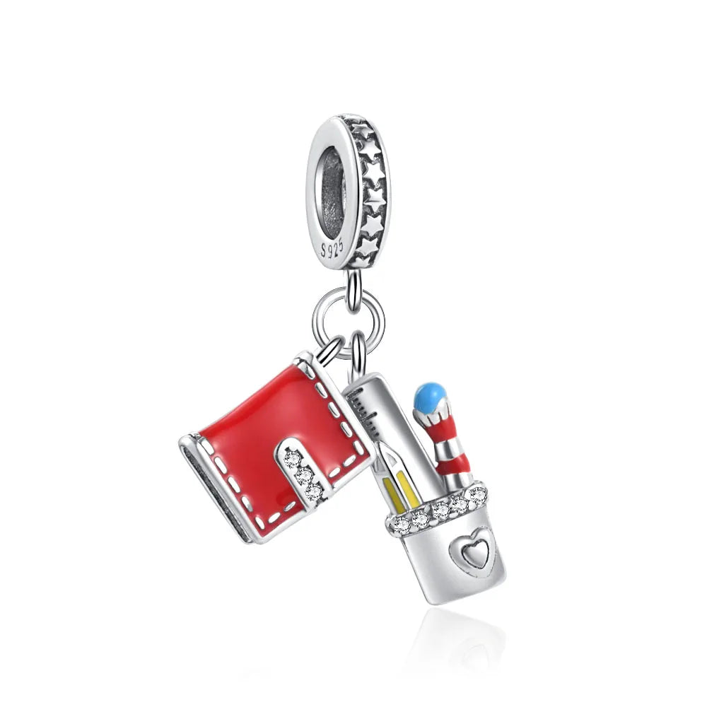 Charm colgante maestra plata 2023 – Abalorio en forma de cuaderno, lápiz y birrete para pulsera tipo Pandora mujer