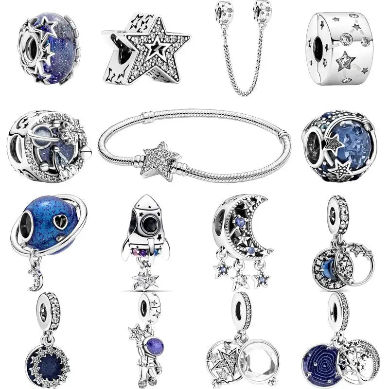 925 Silver Blue Starry Sky Galaxy Planet Stars Moon Astronaut Rocket Shiny Beads Fit Original Charm Bracelet DIY Jewelry