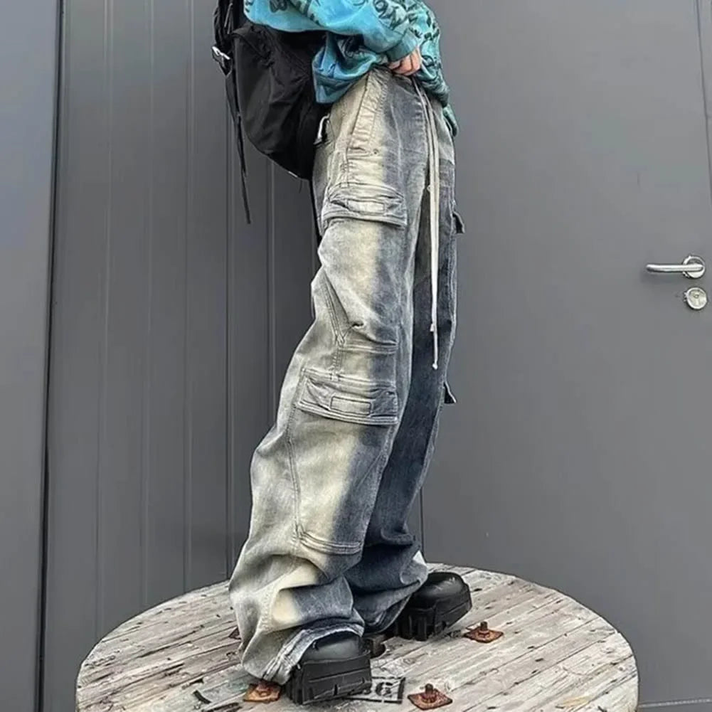 Pantalones Cargo Hombre Multibolsillos | Jeans Oversize Baggy con Cintas Degradadas y Cordón Ajustable Streetwear