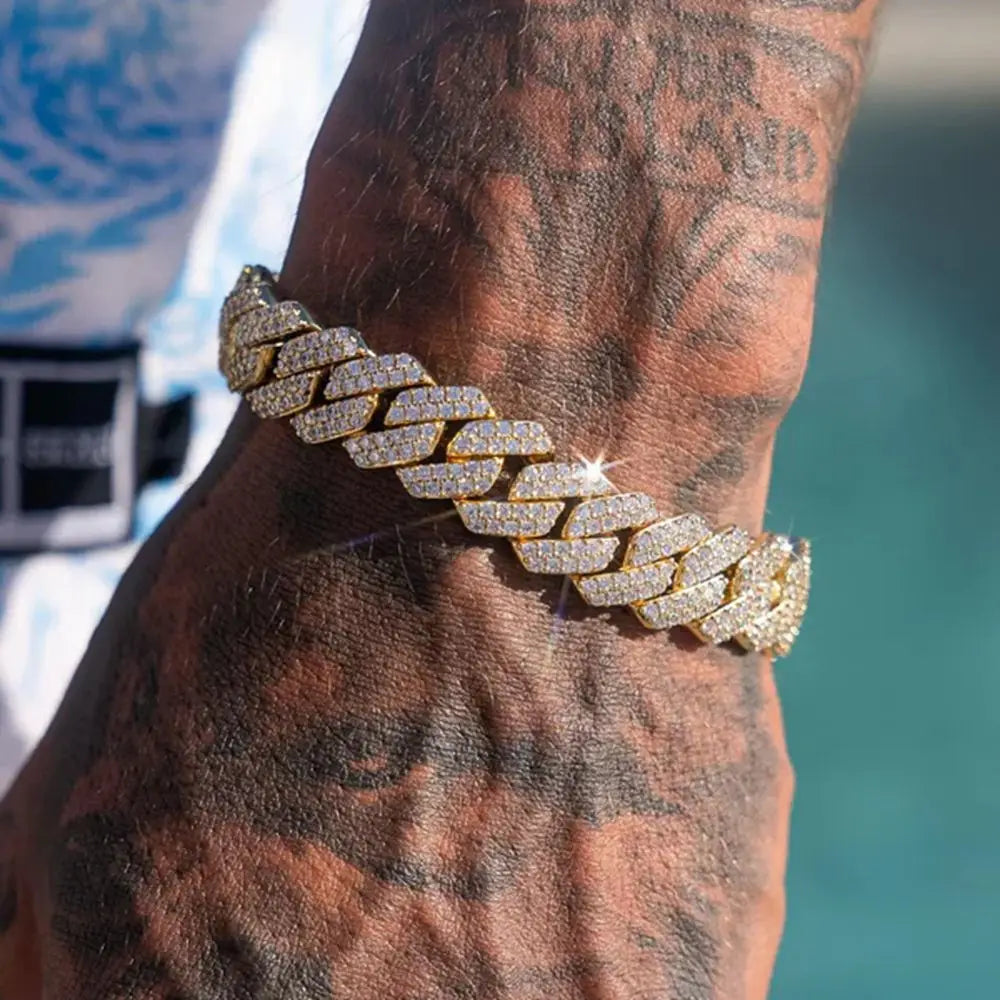 Pulsera Cuban Chain Iced Prong 14mm – Rhinestones Brillantes para Hombre y Mujer