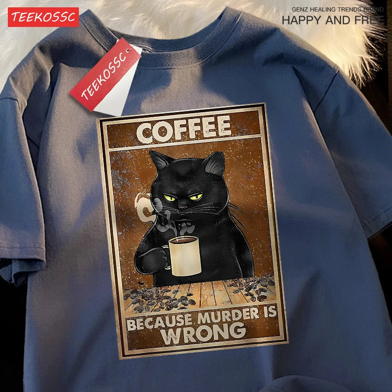 Camiseta Oversize “Because Murder Is Wrong” – T-shirt Black Cat, Algodón Transpirable, Streetwear Unisex, Manga Corta