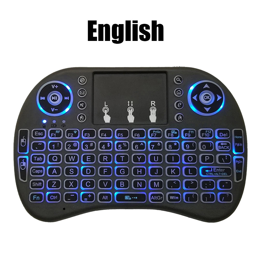 Mini Teclado Inalámbrico 2.4G con Touchpad y Retroiluminación – Air Mouse i8 Español Francés Ruso Árabe para PC, Smart TV, Android TV Box