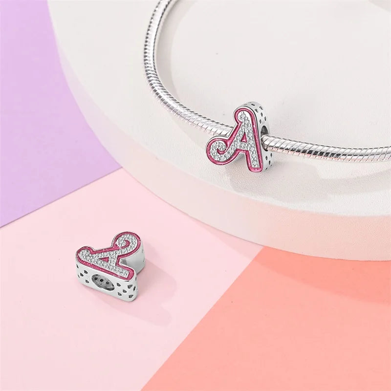 Charm letra alfabeto A-Z con circonias rosas en plata 925 – Abalorio elegante para pulseras tipo Pandora, joyería DIY personalizada