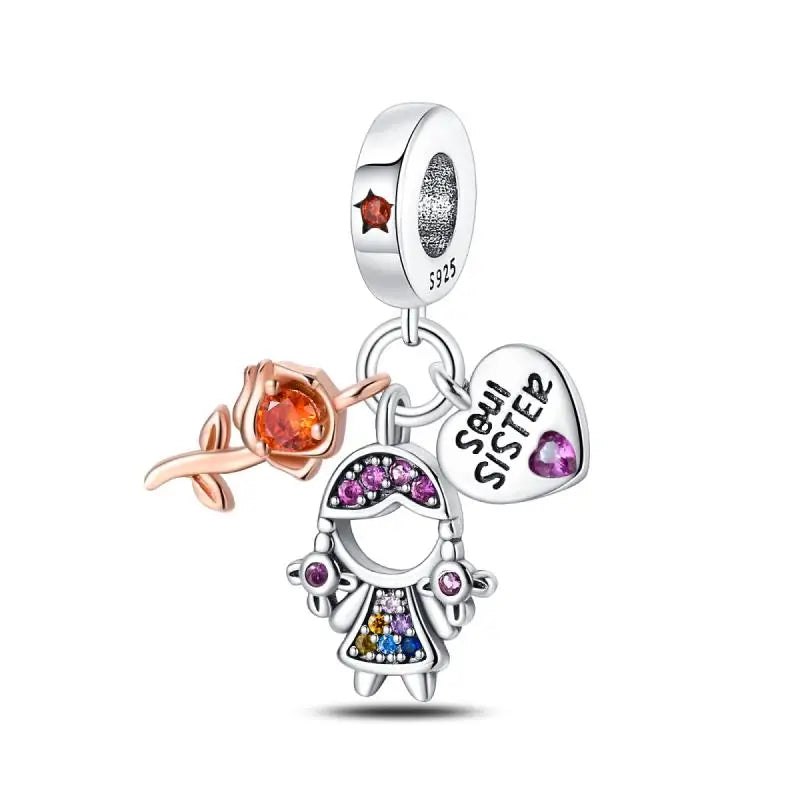 Charm hermana corazón en plata 925 – Compatible Pandora y pulseras 3mm, joyería DIY mujer