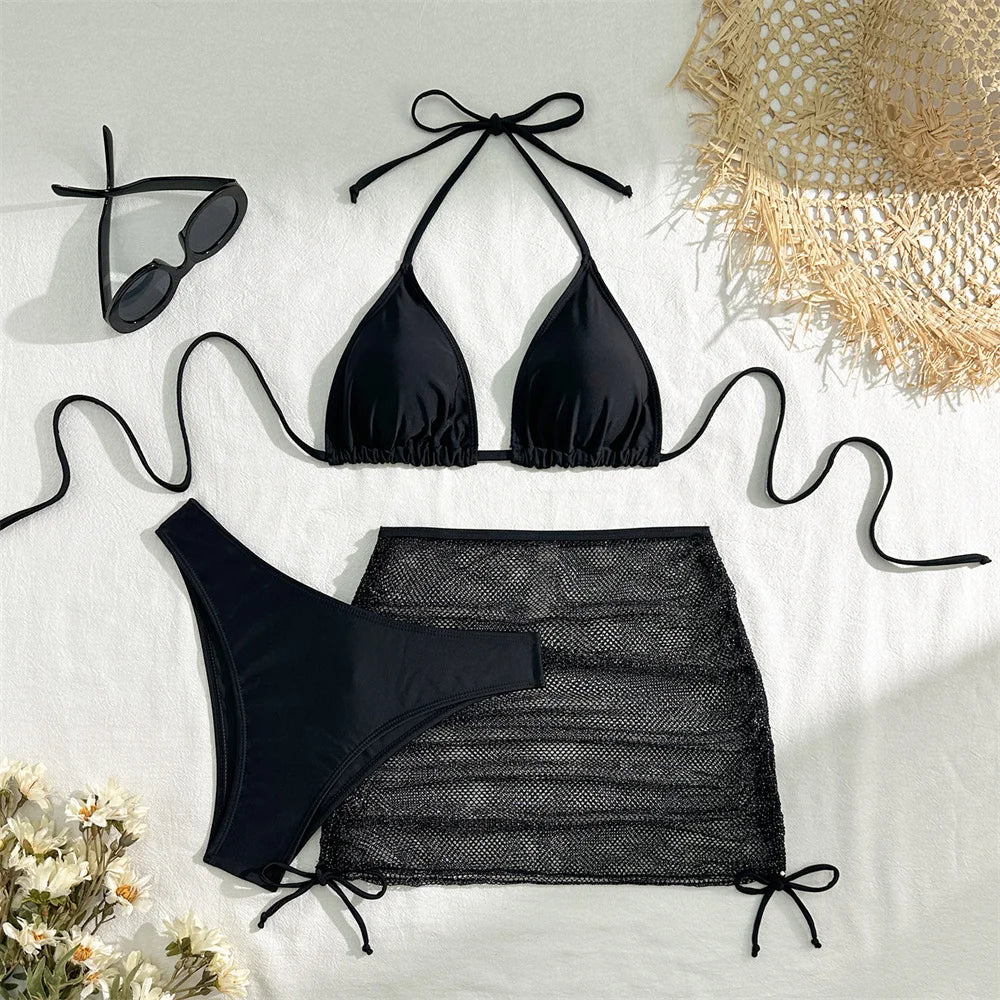 Sexy Pink Bikini Extrem String Backless Swimwear Mesh Skirt Women Push Up Swimsuit Black Y2K Thong Bikinis Beach Vacation Outfit