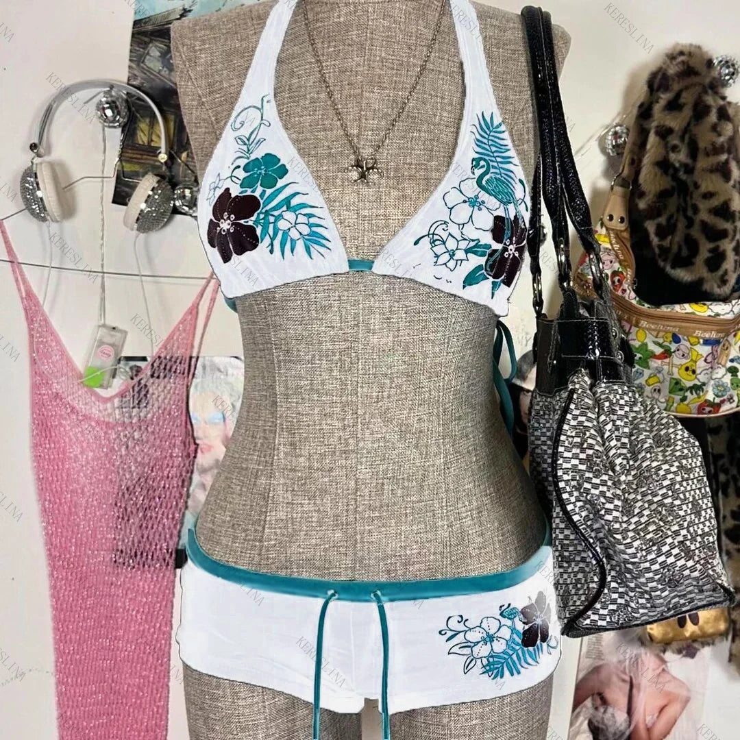 Bikini Vintage Y2K Mujer | 2 Piezas Estampado Flores Halter Playa